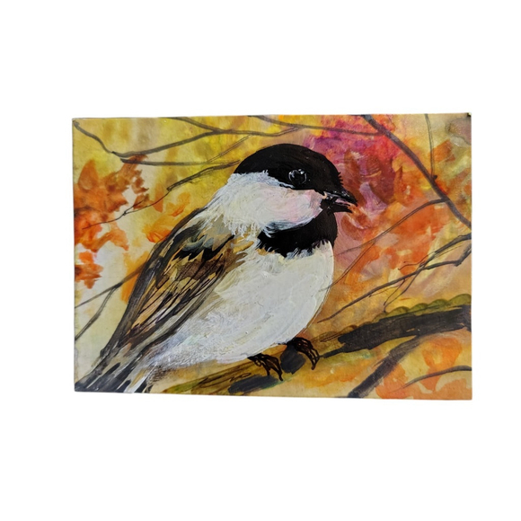 Kristie E.K. Other - Aceo Original Painting on board chickadee in autumn Signed Kristie E.K. signed
